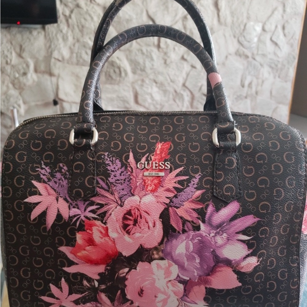 Guess Brown and Pink Laptop Bag with Floral Print and Structured Design